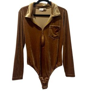 VintageY2K  Newport News Gold Velour Zippered Collared Bodysuit Size Large